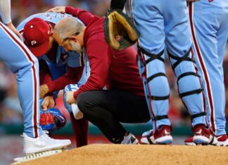 Phillies’ Taijuan Walker leaves game after hit in foot by liner