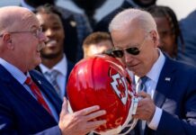 Chiefs gift helmet to President Biden during White House visit