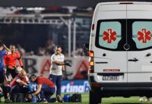 Nacional defender Izquierdo collapses on the pitch against Sao Paulo